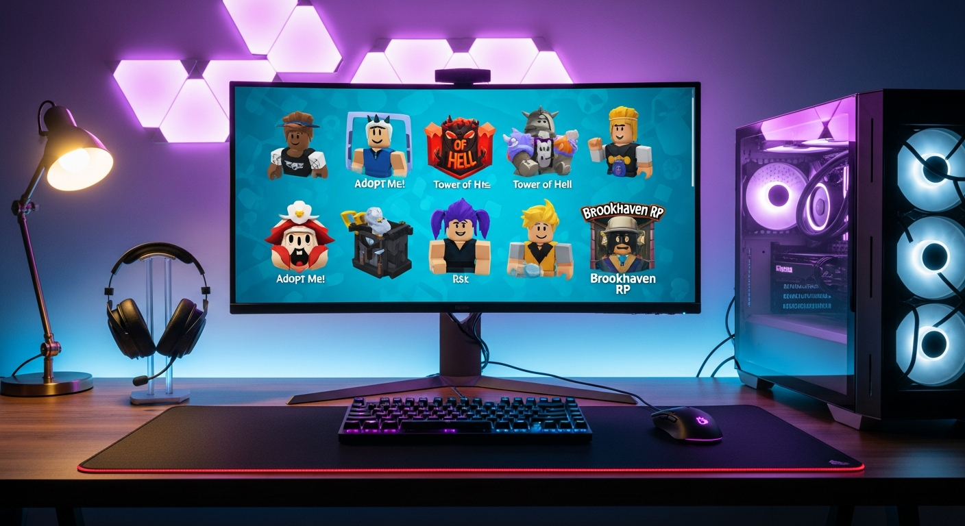 A professional 16:9 widescreen shot of a high-end gaming setup featuring a bright monitor displaying various colorful Roblox game icons and character avatars